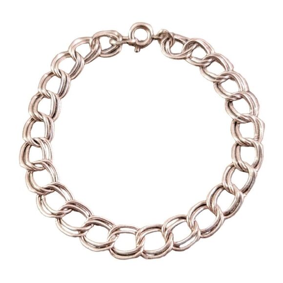 Vintage Sterling Double Curb Charm Bracelet - Picture 1 of 8